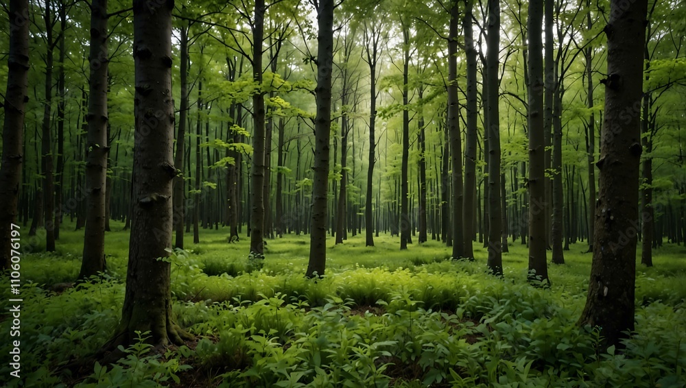 Fototapeta premium Forest in spring, lush greenery and fresh growth.