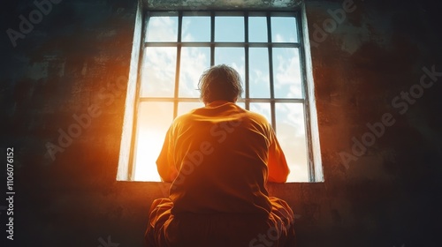 A thoughtful prisoner gazes through a barred window, contemplating freedom and isolation.