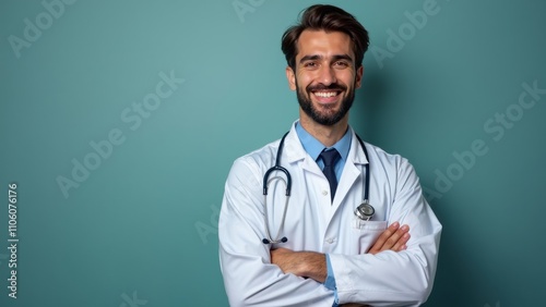 A young male doctor stands with his arms crossed, smiling brightly. He wears a white coat and a stethoscope, set against a calming blue backdrop