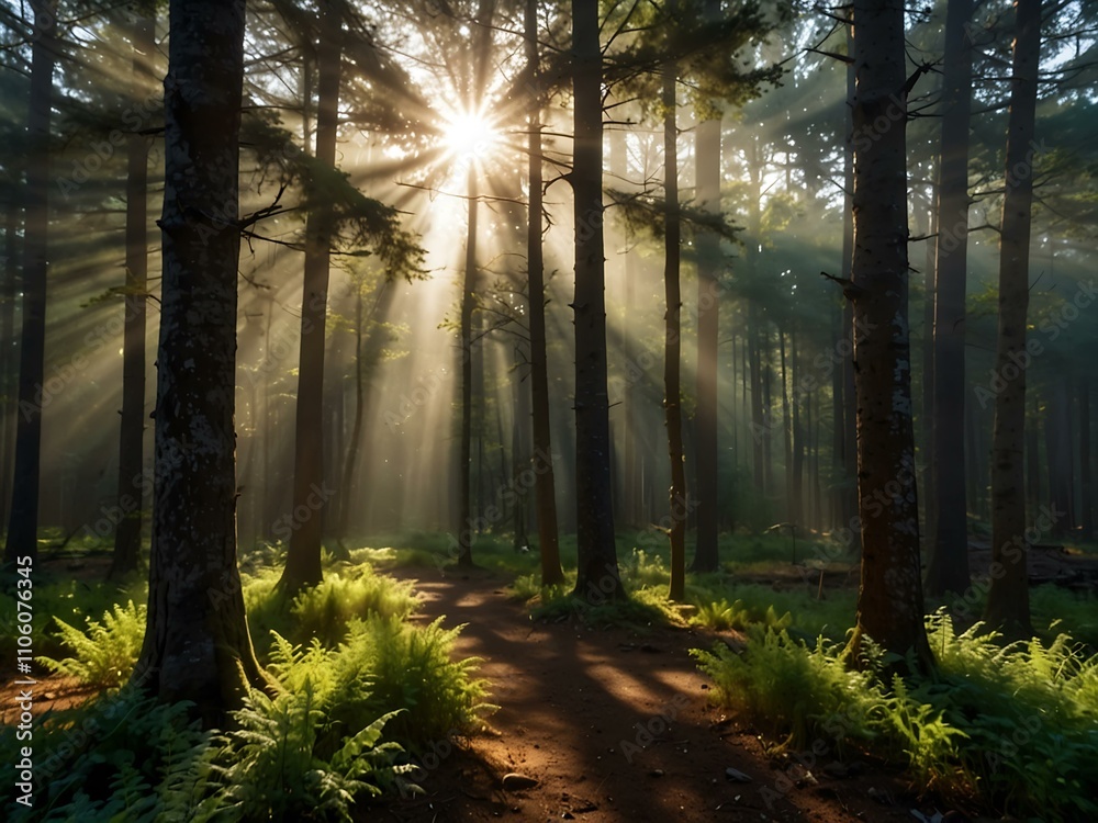 Obraz premium Forest landscape with sunrays shining through trees.