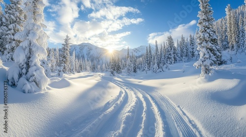 Breathtaking winter landscape with snow-covered trees and a serene path leading into nature.