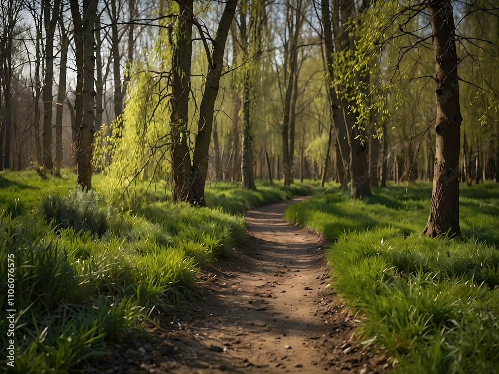 Obraz premium Forest path in early spring, willow branches in soft focus.