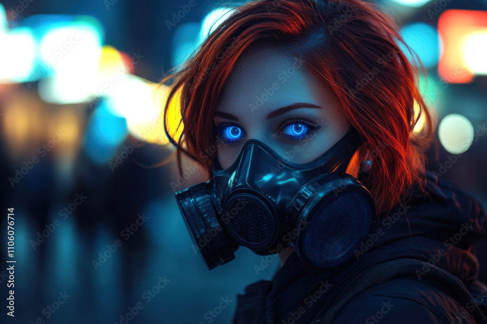 Beautiful red-haired woman wearing a futuristic gas mask, her blue eyes glowing in the dark, with a night city background, depth of field, cinematic lighting, bokeh effect Beautiful red-haired woman wearing a futuristic gas mask, her blue eyes glowing in the dark, with a night city background, depth of field, cinematic lighting, bokeh effect