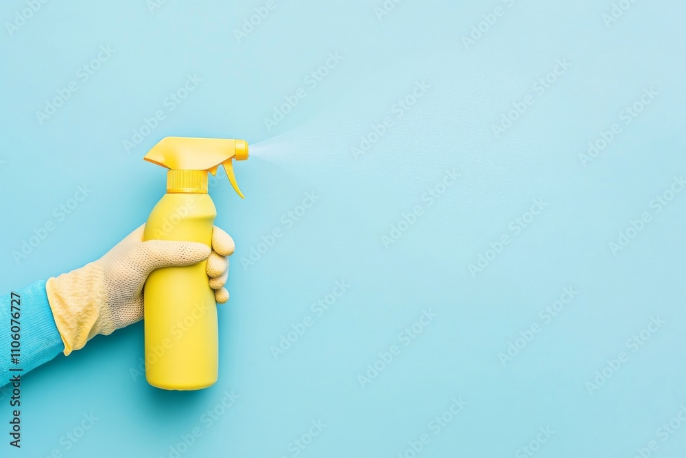 Hand with plastic spray bottle. Hand in protective glove holding yellow cleaner spray on a light blue background. Clean. Cleaning detergent for different surfaces. Closeup. Empty place for text, logo. Hand with plastic spray bottle. Hand in protective glove holding yellow cleaner spray on a light blue background. Clean. Cleaning detergent for different surfaces. Closeup. Empty place for text, logo.