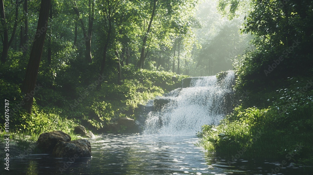 Obraz premium Sunlit waterfall cascades into a tranquil forest stream.