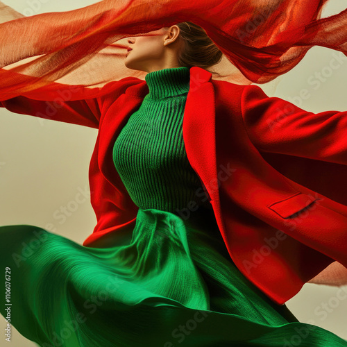 A female figure spins elegantly, wearing a vibrant red coat over a green sweater photo