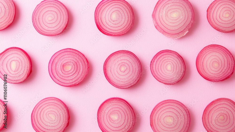 Sliced pink onions arranged in a neat pattern on a soft pink background, showcasing their vibrant color and circular shape. Sliced pink onions arranged in a neat pattern on a soft pink background, showcasing their vibrant color and circular shape.