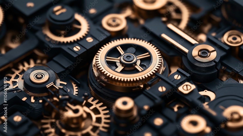 Close-up view of intricate mechanical gears and cogs in an abstract design with gold and black colors Close-up view of intricate mechanical gears and cogs in an abstract design with gold and black colors