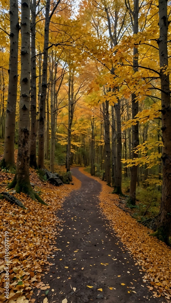 Fototapeta premium Forest trail adorned with golden autumn leaves.