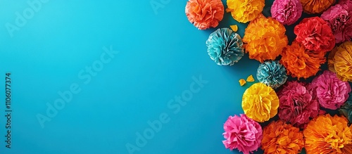 Colorful paper flowers arranged on a blue background for decoration or celebration.