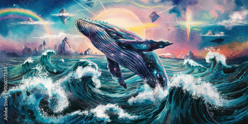 A Stunning Cosmic Whale: Exploring the Majestic Ocean and Celestial Wonders in Vibrant Artistry photo