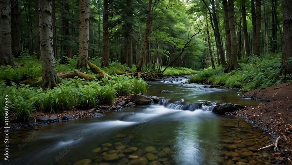 Obraz premium Forest with a stream and trees.