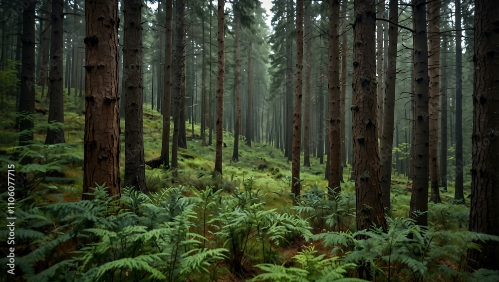 Obraz premium Forest with trees in the foreground and background.