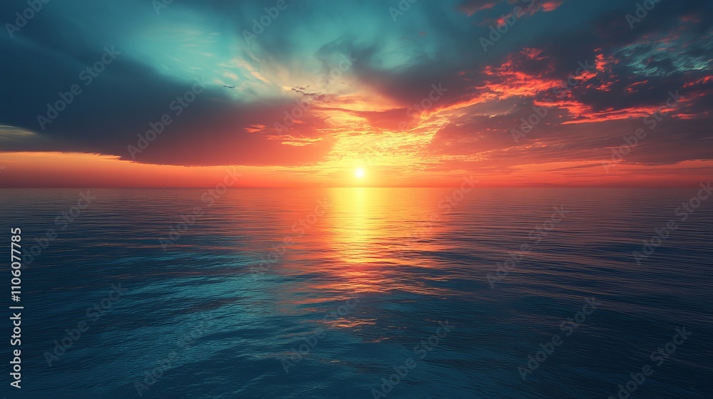 A beautiful sunset over the ocean with a few birds flying in the sky A beautiful sunset over the ocean with a few birds flying in the sky