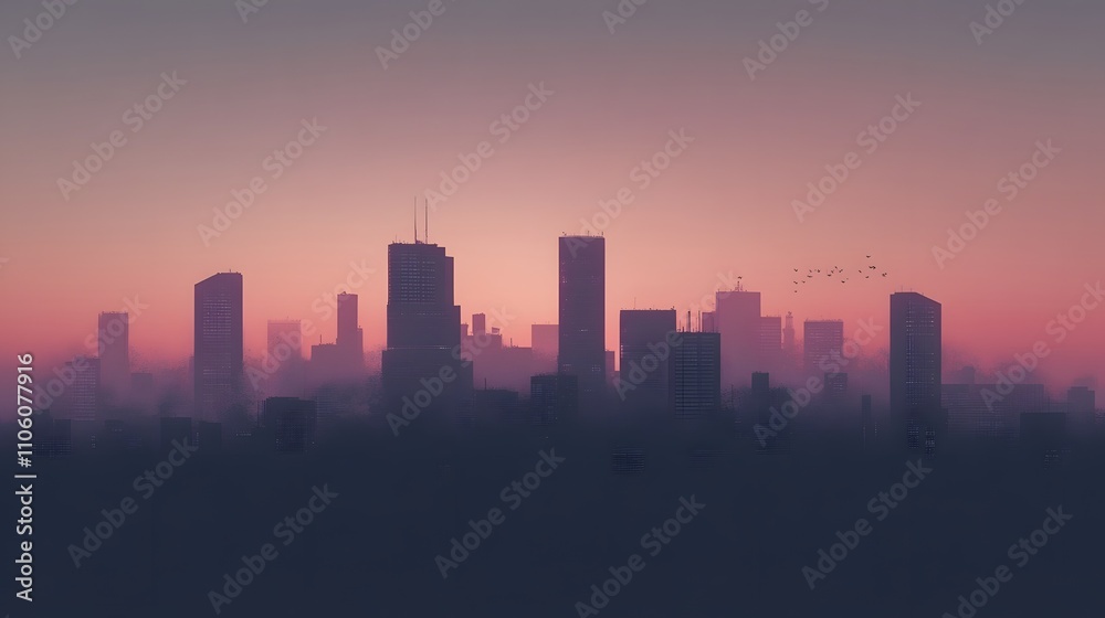 Fototapeta premium City Skyline Sunset Foggy Dusk
