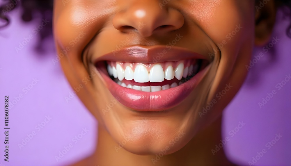 Perfect white teeth in a black African American womans smiling mouth Perfect white teeth in a black African American womans smiling mouth