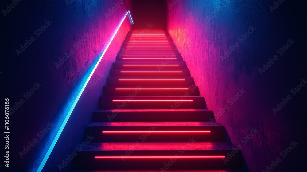 A staircase with red lights is lit up in a dark room A staircase with red lights is lit up in a dark room