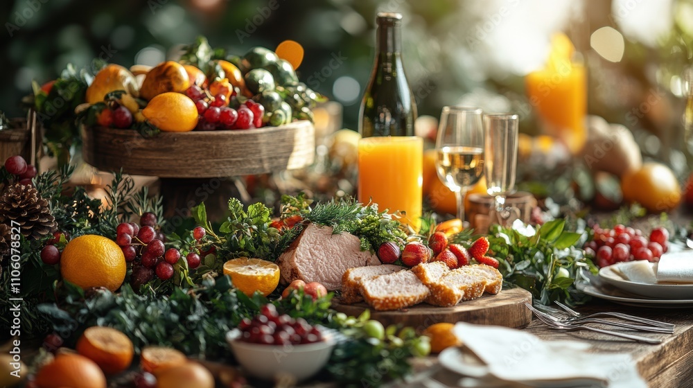 A beautifully arranged festive table setting featuring an assortment of sliced meat, vibrant fruits, fresh beverages, and elegant decorations, perfect for a joyful celebration. A beautifully arranged festive table setting featuring an assortment of sliced meat, vibrant fruits, fresh beverages, and elegant decorations, perfect for a joyful celebration.