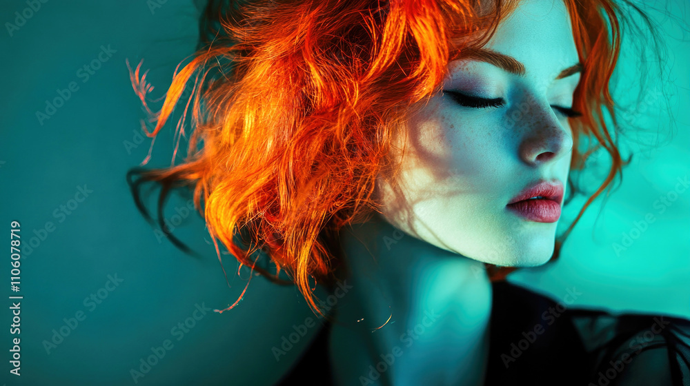 Vibrant red-haired woman in striking portrait with turquoise background and dramatic lighting Vibrant red-haired woman in striking portrait with turquoise background and dramatic lighting