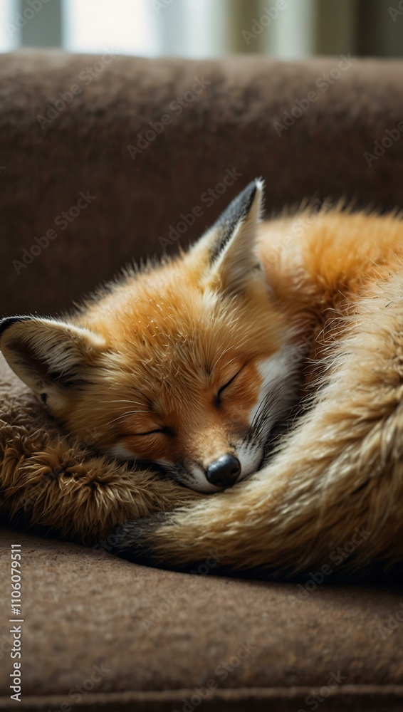 Obraz premium Fox cub sleeping on a sofa.
