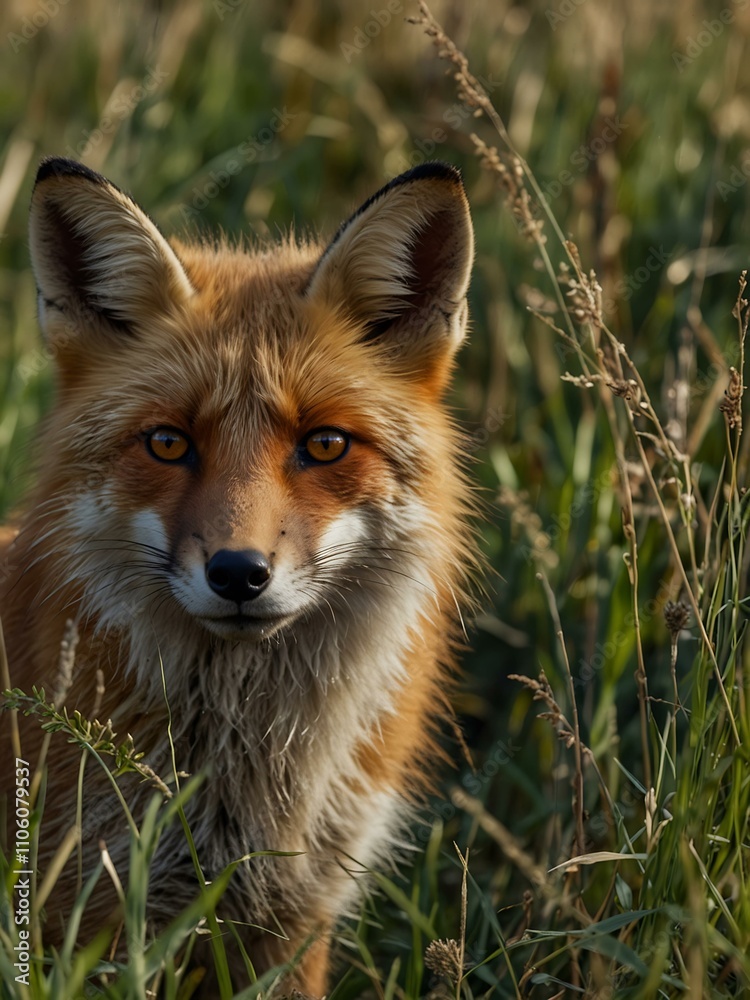 Fototapeta premium Fox hidden in tall grass.