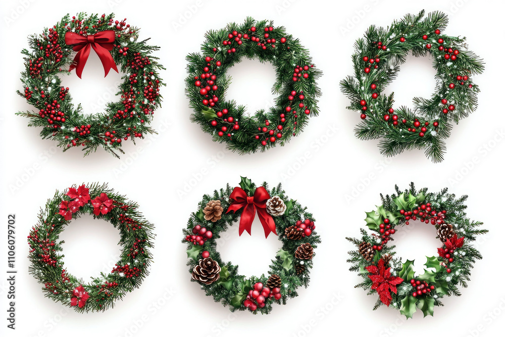 Christmas wreaths with red bows and holly, hanging on wooden doors, creating a festive atmosphere. Christmas wreaths with red bows and holly, hanging on wooden doors, creating a festive atmosphere.