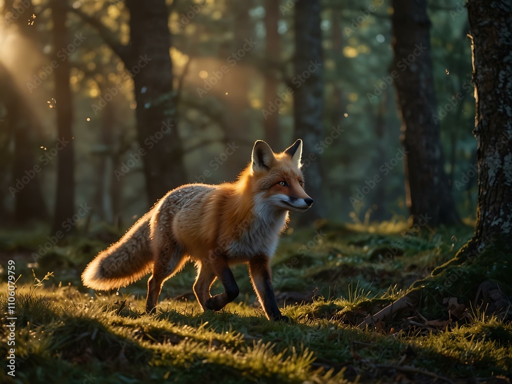 Fototapeta premium Fox running through a magical forest illuminated by warm light.