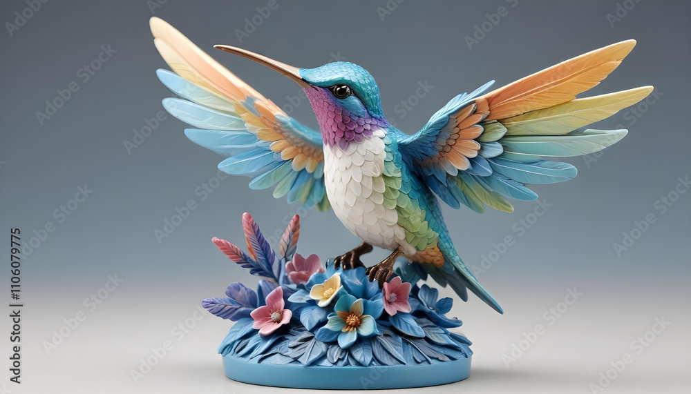 A colorful hummingbird figurine with detailed feathers and wings, perched on a white and blue base