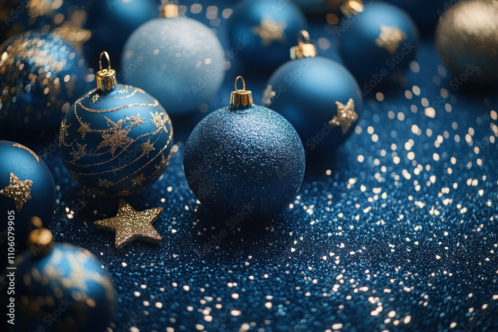 Blue Christmas balls and stars hanging on a festive tree, adorned with twinkling lights, creating a magical holiday ambiance. Blue Christmas balls and stars hanging on a festive tree, adorned with twinkling lights, creating a magical holiday ambiance.