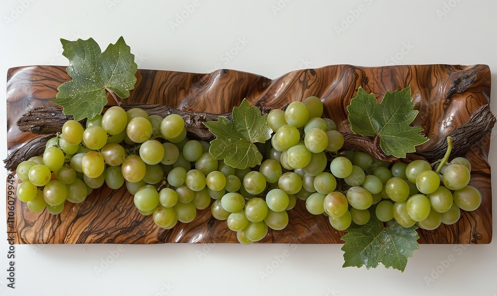 Fresh green grapes with their natural sheen and vivid color displayed on a wooden cutting board, Generative AI. Fresh green grapes with their natural sheen and vivid color displayed on a wooden cutting board, Generative AI.