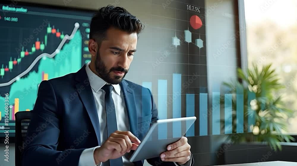 Concentrated Businessman Analyzing Stock Market Data on Tablet in Modern Office Concentrated Businessman Analyzing Stock Market Data on Tablet in Modern Office