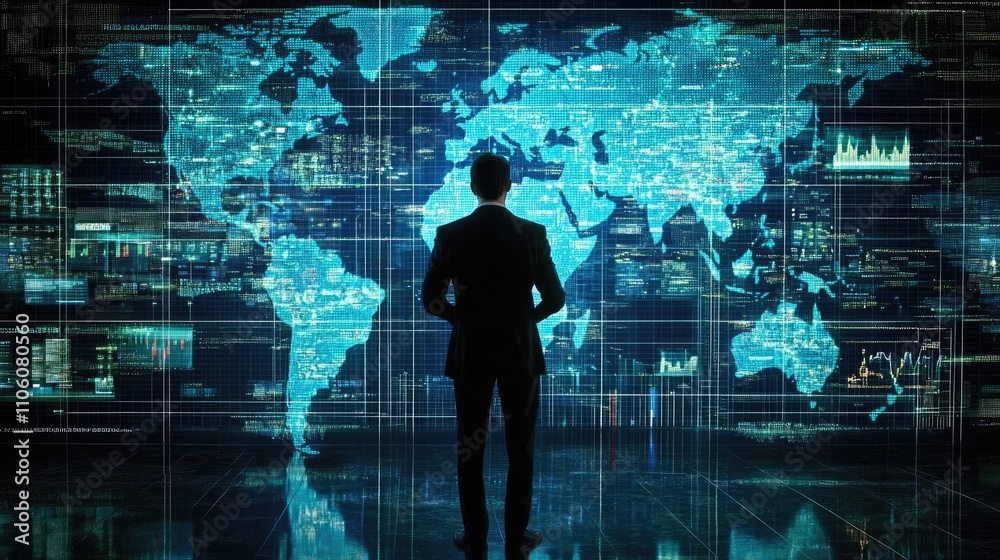Businessman Analyzing Data on Global Digital Map Businessman Analyzing Data on Global Digital Map