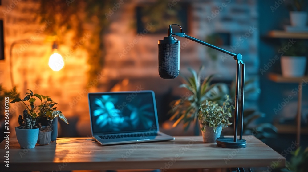 Podcast setup with microphone, laptop, and plants.