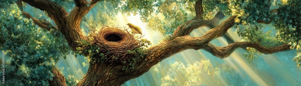 A serene tree scene with a bird perched near its nest, illuminated by soft sunlight. A serene tree scene with a bird perched near its nest, illuminated by soft sunlight.