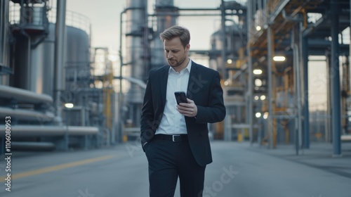 Businessman Walking in Industrial Area with Smartphone