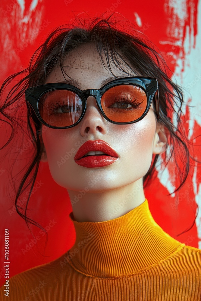 Elegant woman in sunglasses during fashion photoshoot with vibrant outfit Elegant woman in sunglasses during fashion photoshoot with vibrant outfit