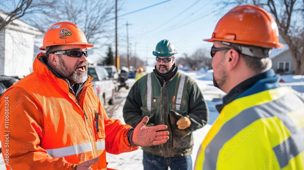 Construction Workers Discussing Safety in Winter Environment Construction Workers Discussing Safety in Winter Environment