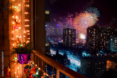 Balkonansicht auf ein spektakuläres Neujahrsfeuerwerk über der Stadt. Festliche Details wie Lichter und Sparklers verleihen der Szene eine intime, feierliche Stimmung photo