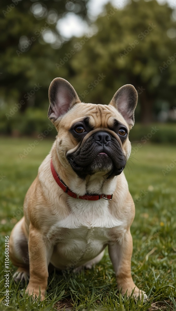 French bulldog squinting in a summer park. French bulldog squinting in a summer park.