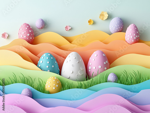 pastel color banner with a white paper cutout of Easter . Easter day , is peeking from behind the gold wall, in a cute A rabbit holds an egg with candy inside. 