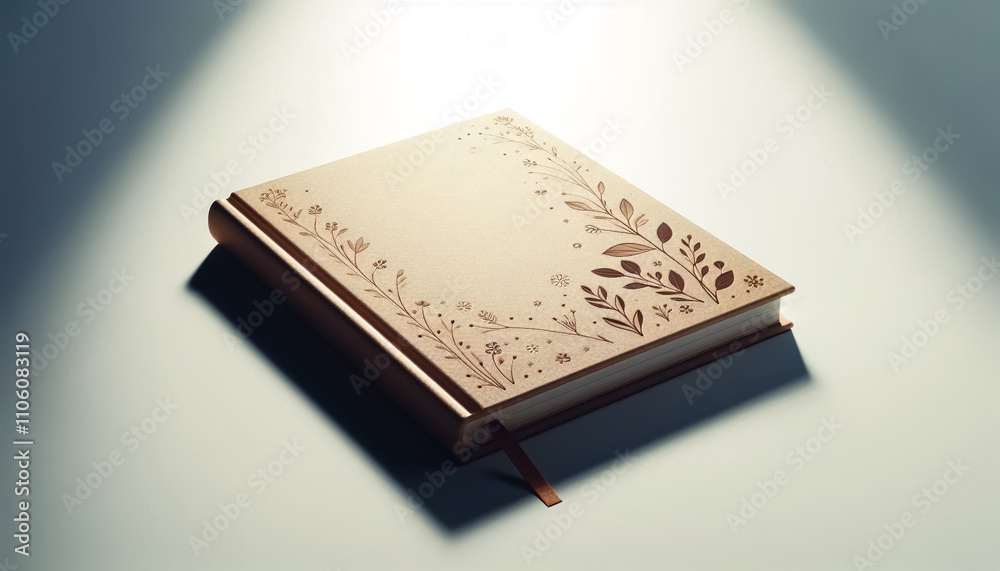 Minimalist illustration with light background, space for text and notebook Minimalist illustration with light background, space for text and notebook