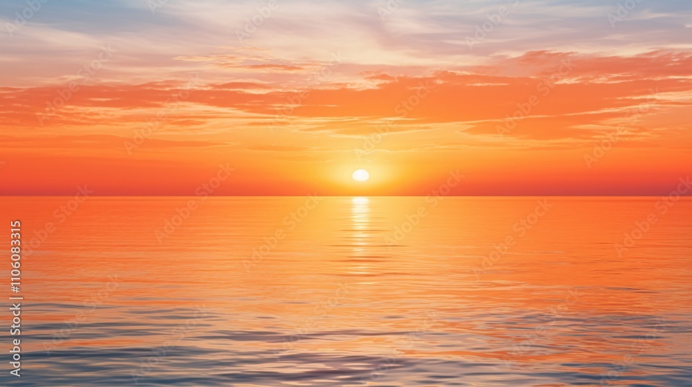 Fototapeta premium Sunset Over Calm Ocean With Vibrant Orange Sky and Tranquil Reflections