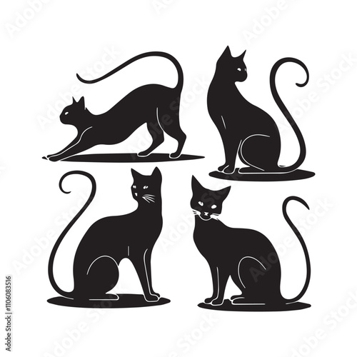 Vector cats set. Animal pet, wildcat and kitten, hunter and predator, black silhouette 