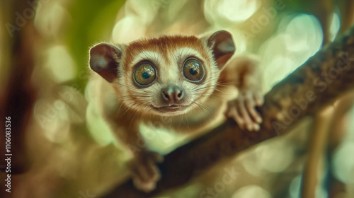 A captivating close up of a small primate exploring its natural habitat Its large eyes and inquisitive expression highlight the beauty of wildlife and nature photo