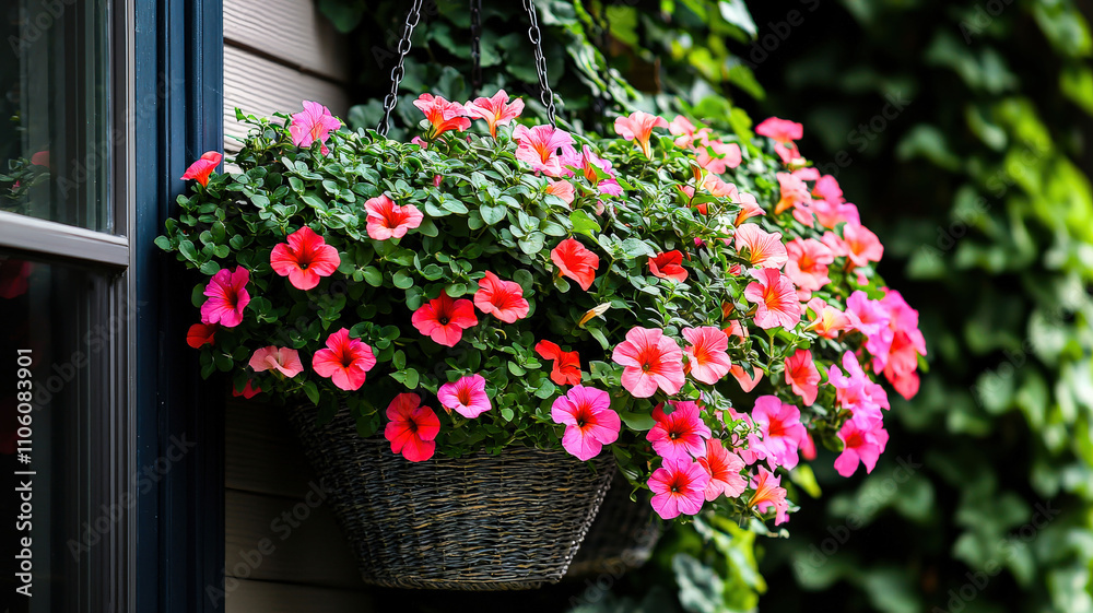 Obraz premium Lush hanging flower baskets filled with vibrant petunias, geraniums, and trailing ivy, creating a charming and colorful display in a quaint outdoor setting.