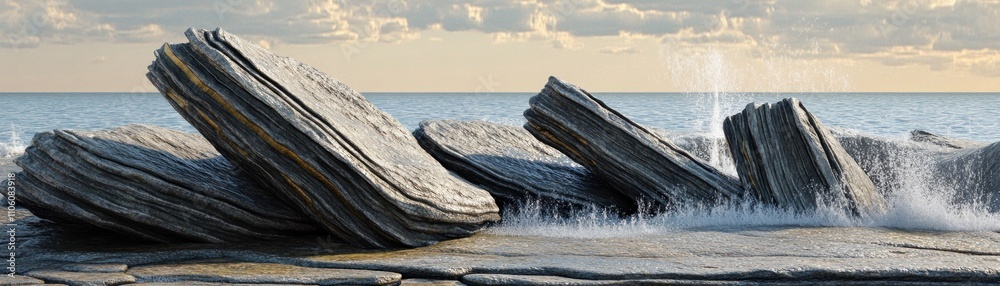 A serene coastal scene featuring large, layered rocks with ocean waves splashing against them. A serene coastal scene featuring large, layered rocks with ocean waves splashing against them.