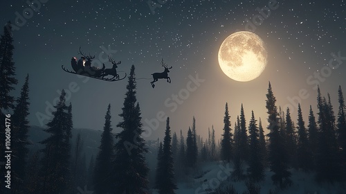 A Silhouette of Reindeer Flying with Santa Claus in a Sleigh