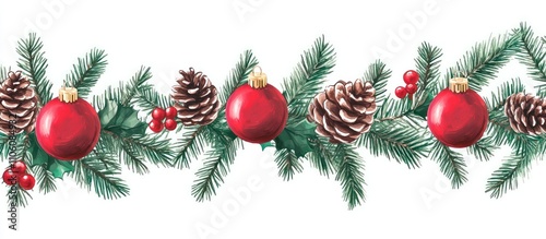 Festive Christmas Watercolor Garland:  Red Ornaments, Pine Cones, and Holly Berries