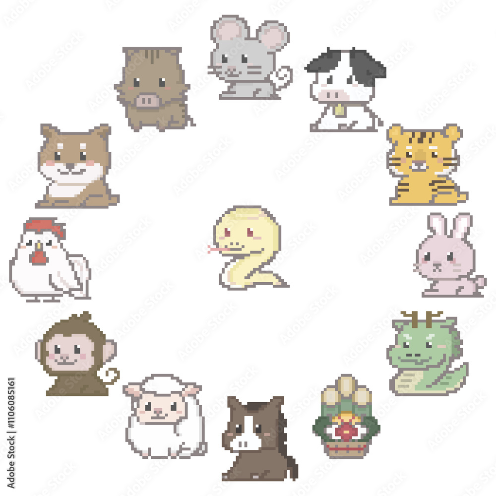 Naklejka premium 干支のイメージ, ドット絵, 主役はへび