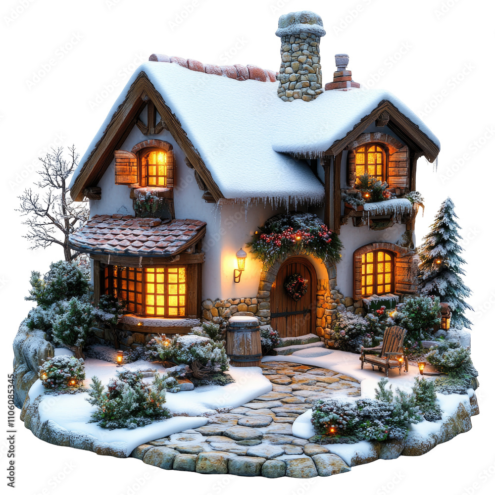 Fototapeta premium 3D little Сhristmas stone house in snow. PNG isolated on transparent background